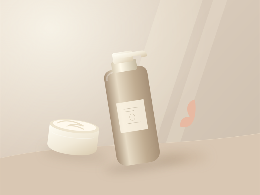 Illustrated pump bottle and cream jar in warm neutral light.