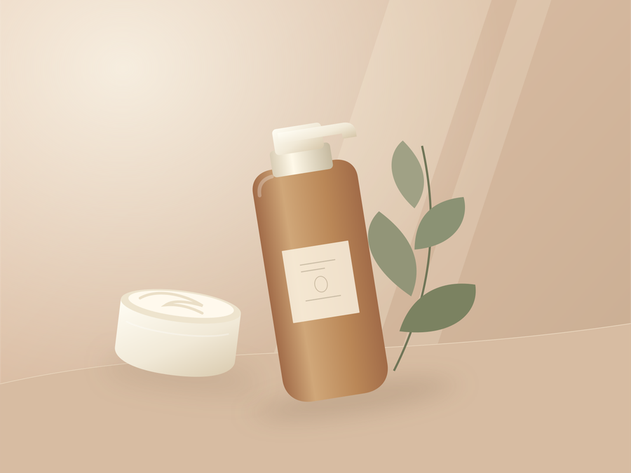 Illustrated pump bottle and cream jar beside a leafy stem.