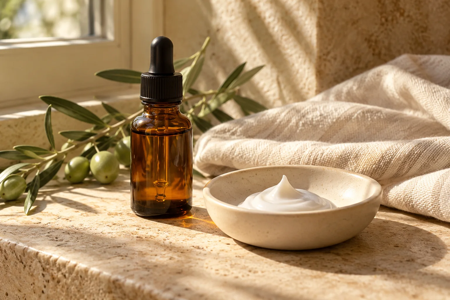 Amber skincare bottle and cream jar on linen in soft natural light